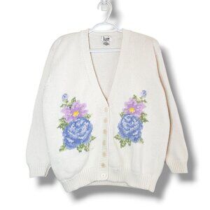 Vintage 90s Flower Knit Cardigan Sweater White Size S